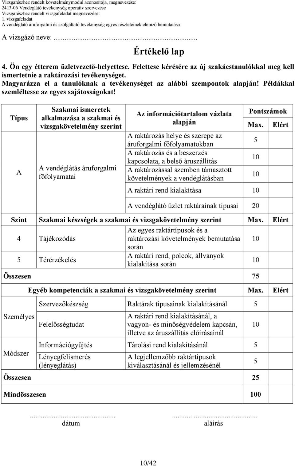 Típus Szakmai ismeretek alkalmazása a szakmai és vizsgakövetelmény szerint vendéglátás áruforgalmi fıfolyamatai z információtartalom vázlata alapján raktározás helye és szerepe az áruforgalmi