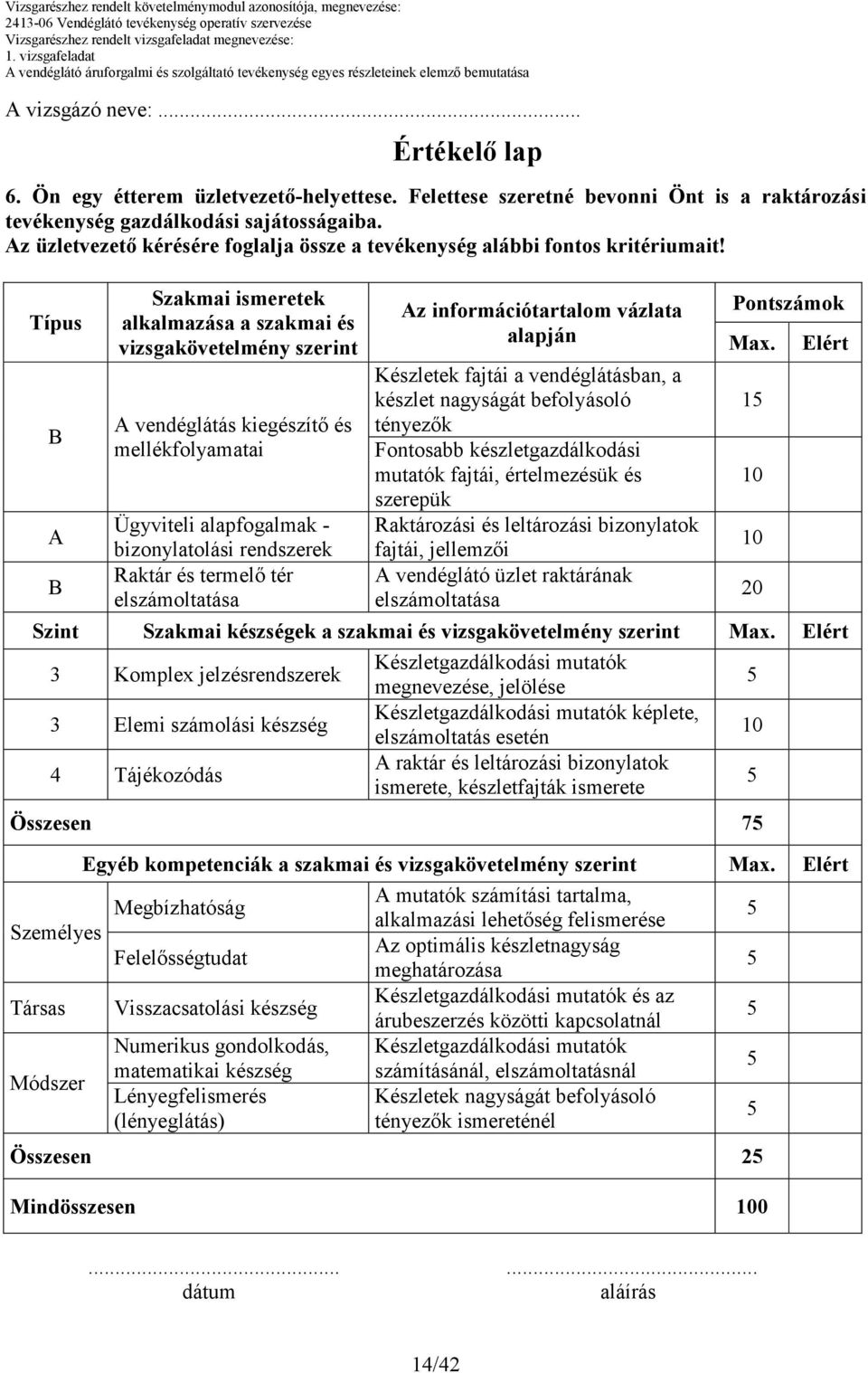 Típus Szakmai ismeretek alkalmazása a szakmai és vizsgakövetelmény szerint vendéglátás kiegészítı és mellékfolyamatai Ügyviteli alapfogalmak - bizonylatolási rendszerek Raktár és termelı tér