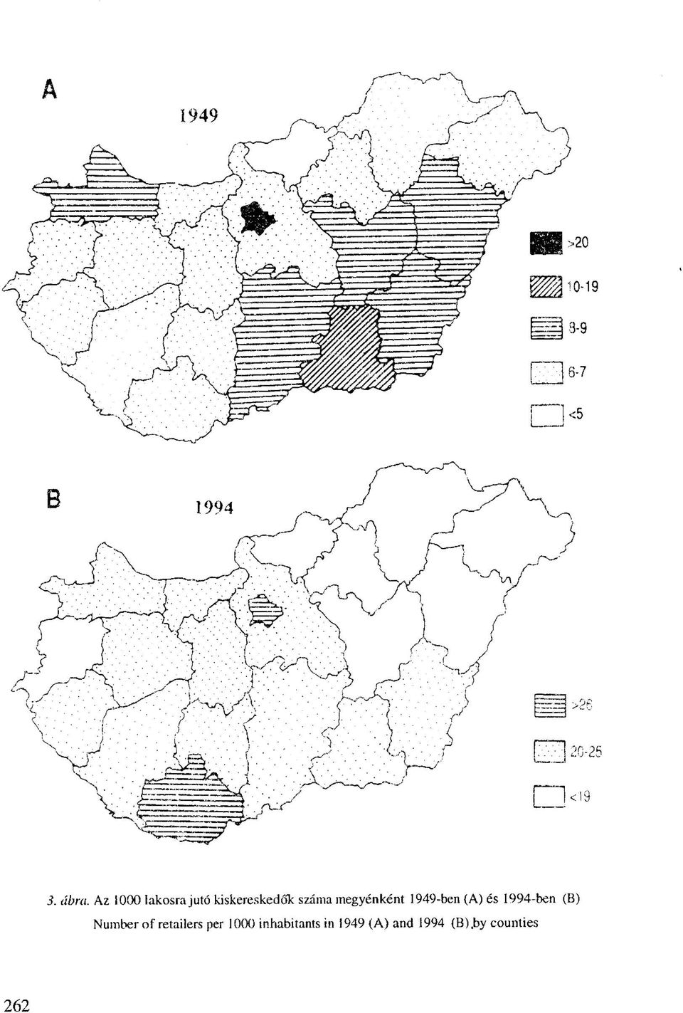 megyénként 1949-ben (A) és 1994-ben (B)