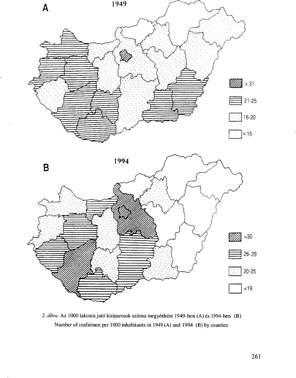 megyénként 1949-ben (A) és 1994-ben (B)