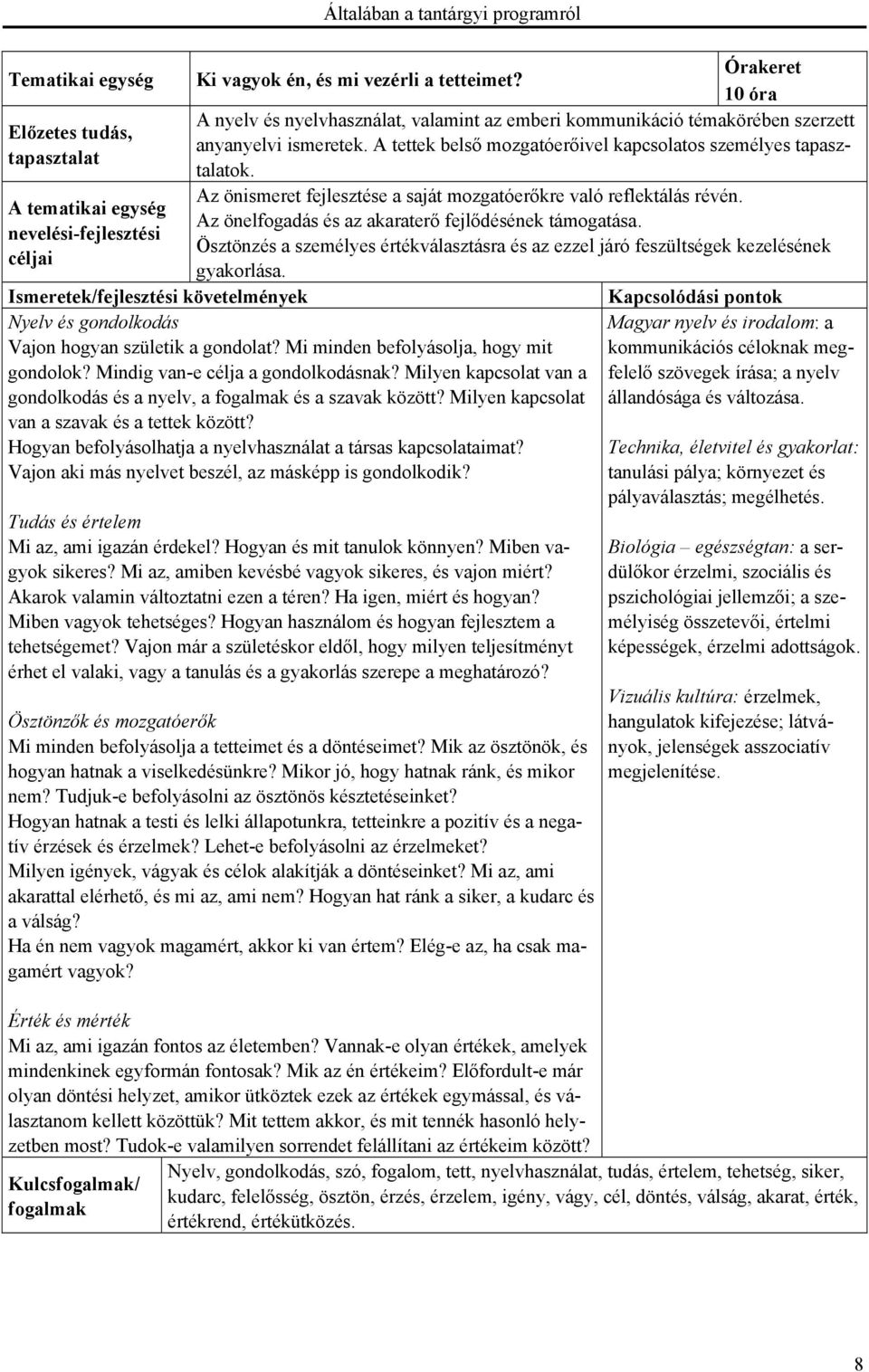 tapasztalat Az önismeret fejlesztése a saját mozgatóerőkre való reflektálás révén. A tematikai egység Az önelfogadás és az akaraterő fejlődésének támogatása.