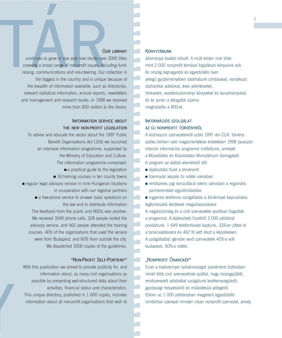 management and research books. In 1998 we received more than 800 visitors to the library. állománya tovább bôvült. A múlt évben már több mint 2 000 nonprofit témával foglalkozó könyvünk volt.