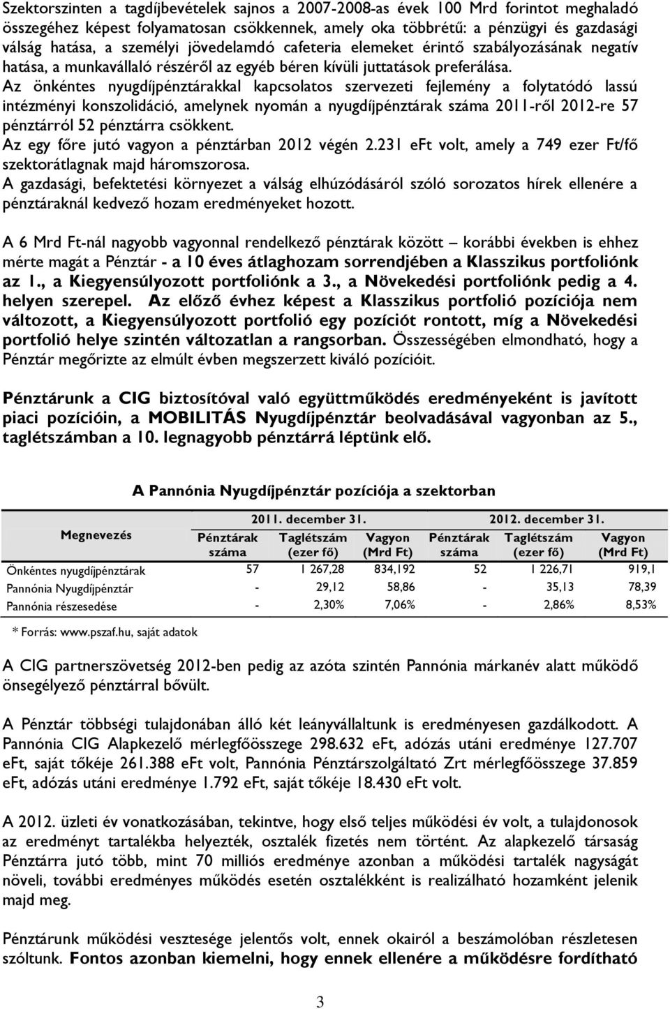 Az önkéntes nyugdíjpénztárakkal kapcsolatos szervezeti fejlemény a folytatódó lassú intézményi konszolidáció, amelynek nyomán a nyugdíjpénztárak száma 2011-ről 2012-re pénztárról 2 pénztárra csökkent.