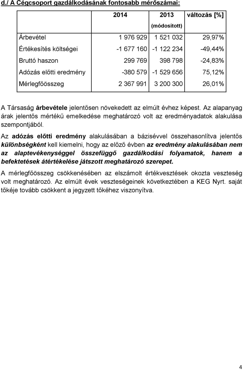 Az alapanyag árak jelentős mértékű emelkedése meghatározó volt az eredményadatok alakulása szempontjából.