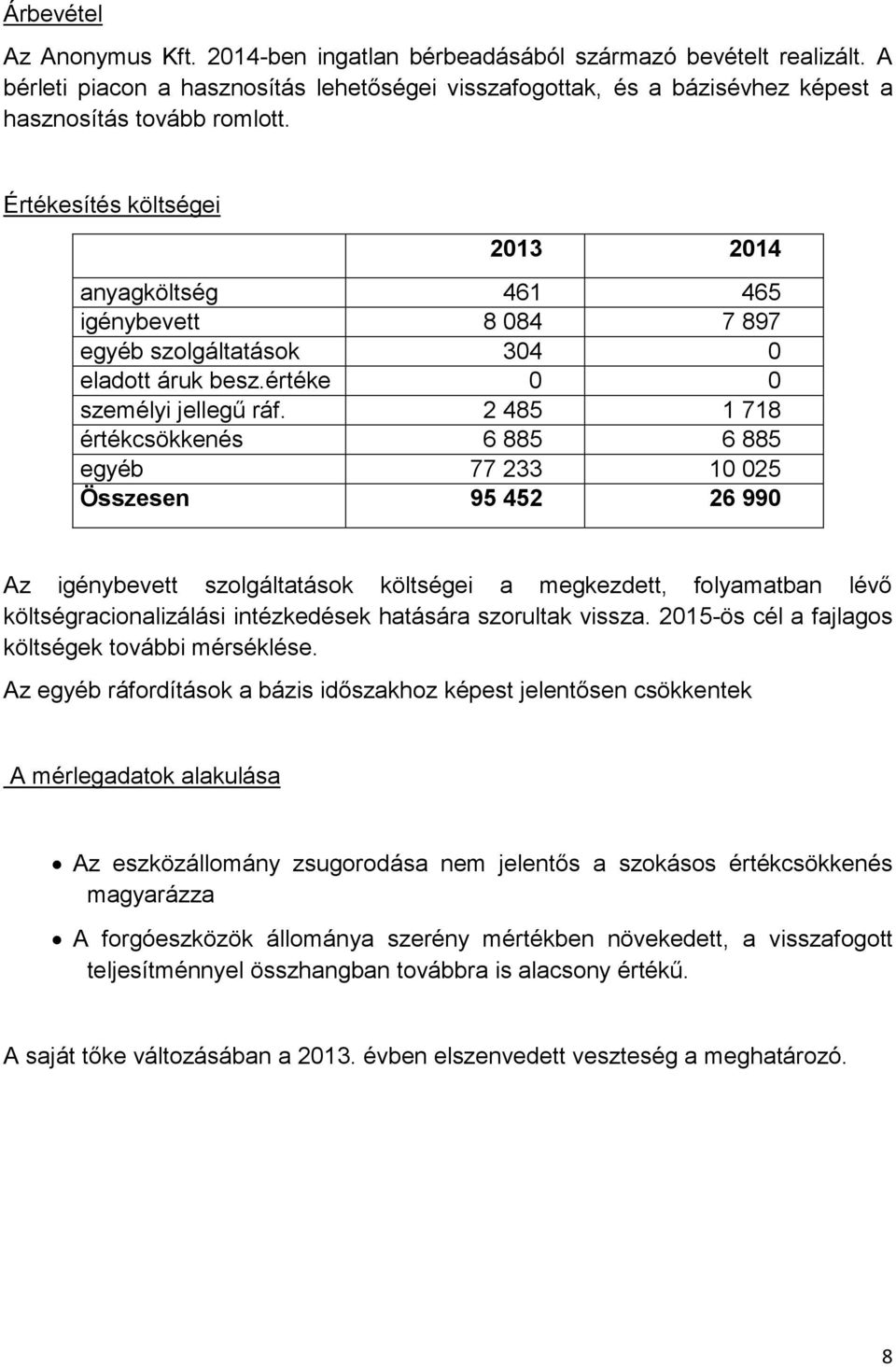 2 485 1 718 értékcsökkenés 6 885 6 885 egyéb 77 233 10 025 Összesen 95 452 26 990 Az igénybevett szolgáltatások költségei a megkezdett, folyamatban lévő költségracionalizálási intézkedések hatására