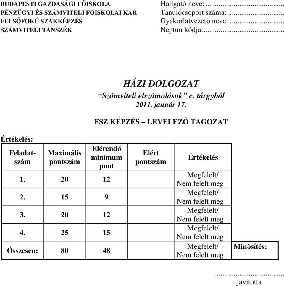 .. HÁZI DOLGOZAT Számviteli elszámolások" c. tárgyból 2011. január 17.