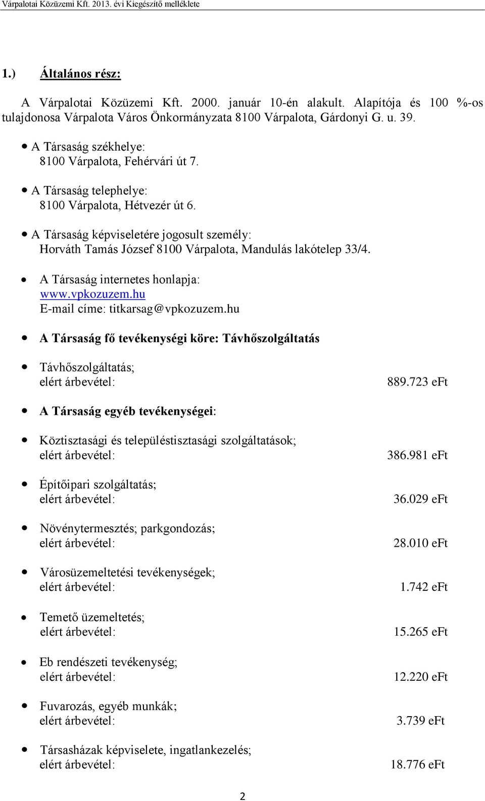 hu E-mail címe: titkarsag@vpkozuzem.hu A Társaság fő tevékenységi köre: Távhőszolgáltatás Távhőszolgáltatás; 889.