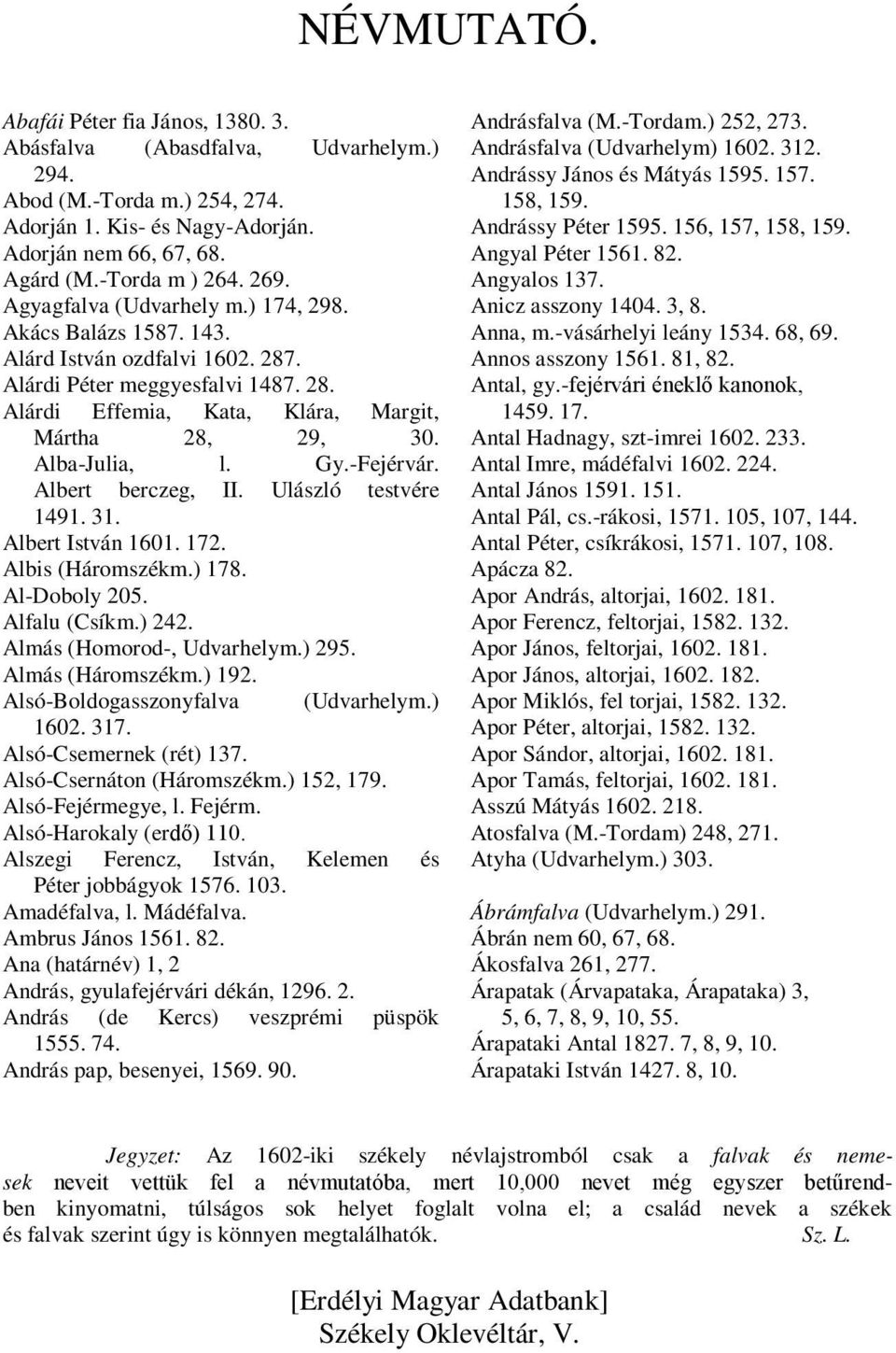 Gy.-Fejérvár. Albert berczeg, II. Ulászló testvére 1491. 31. Albert István 1601. 172. Albis (Háromszékm.) 178. Al-Doboly 205. Alfalu (Csíkm.) 242. Almás (Homorod-, Udvarhelym.) 295. Almás (Háromszékm.