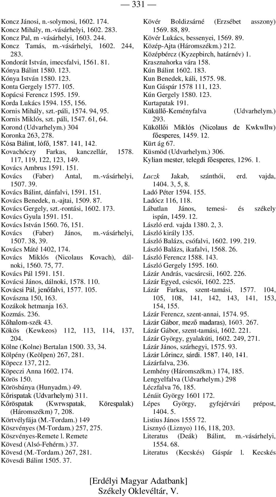 páli, 1547. 61, 64. Korond (Udvarhelym.) 304 Koronka 263, 278. Kósa Bálint, lófő, 1587. 141, 142. Kovachóczy Farkas, kanczellár, 1578. 117, 119, 122, 123, 149. Kovács Ambrus 1591. 151.