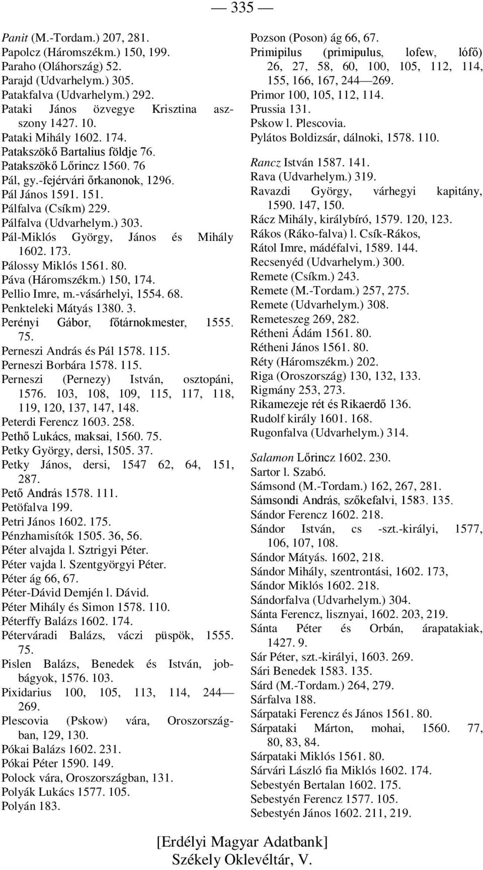 Pál-Miklós György, János és Mihály 1602. 173. Pálossy Miklós 1561. 80. Páva (Háromszékm.) 150, 174. Pellio Imre, m.-vásárhelyi, 1554. 68. Penkteleki Mátyás 1380. 3.