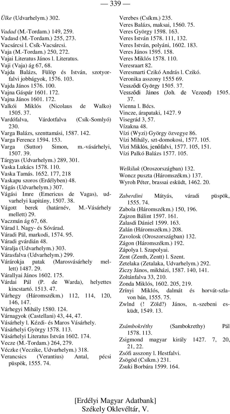 Vardófalva, Várdotfalva (Csík-Somlyó) 230. Varga Balázs, szenttamási, 1587. 142. Varga Ferencz 1594. 153. Varga (Suttor) Simon, m.-vásárhelyi, 1507. 39. Tárgyas (Udvarhelym.) 289, 301.