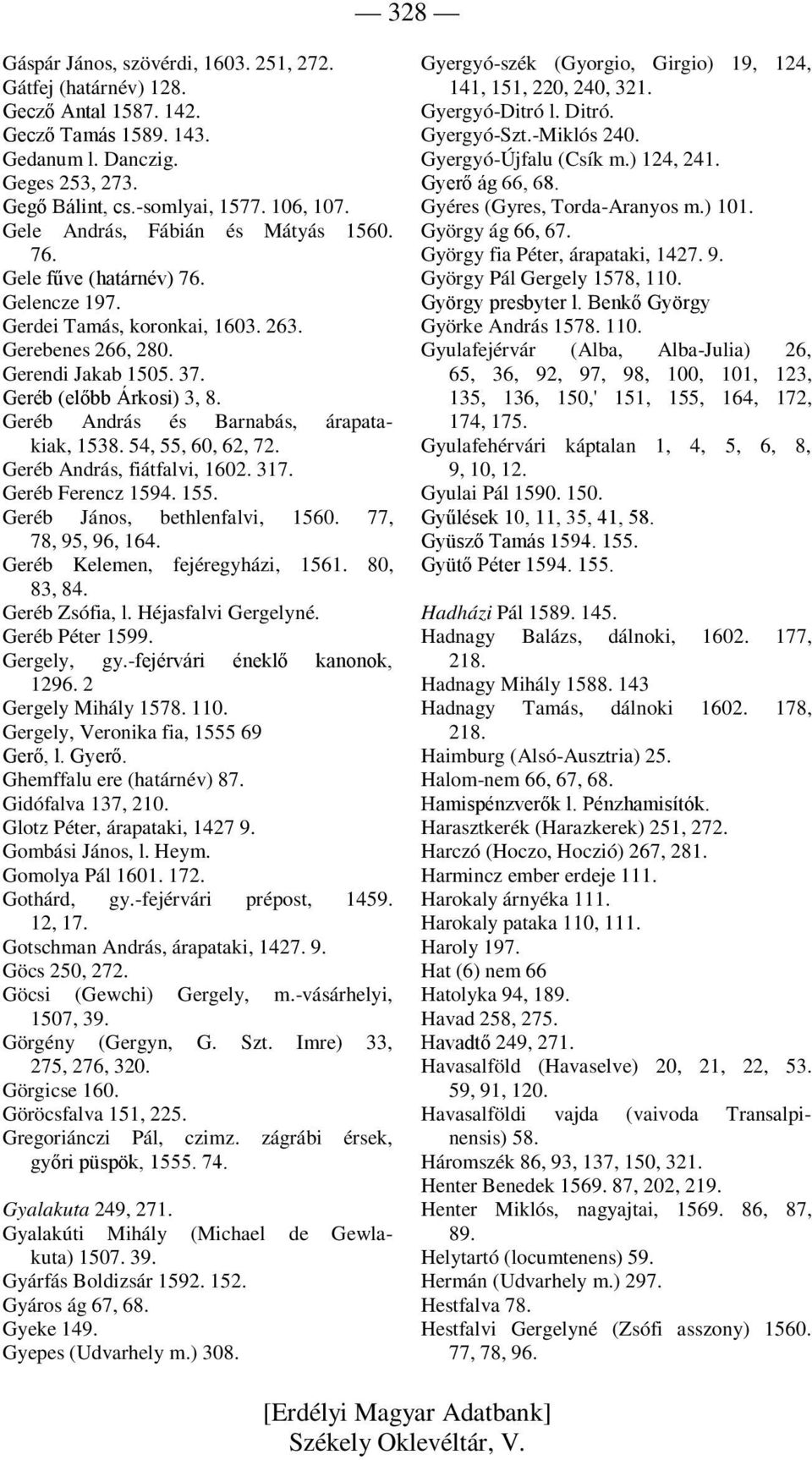 Geréb András és Barnabás, árapatakiak, 1538. 54, 55, 60, 62, 72. Geréb András, fiátfalvi, 1602. 317. Geréb Ferencz 1594. 155. Geréb János, bethlenfalvi, 1560. 77, 78, 95, 96, 164.