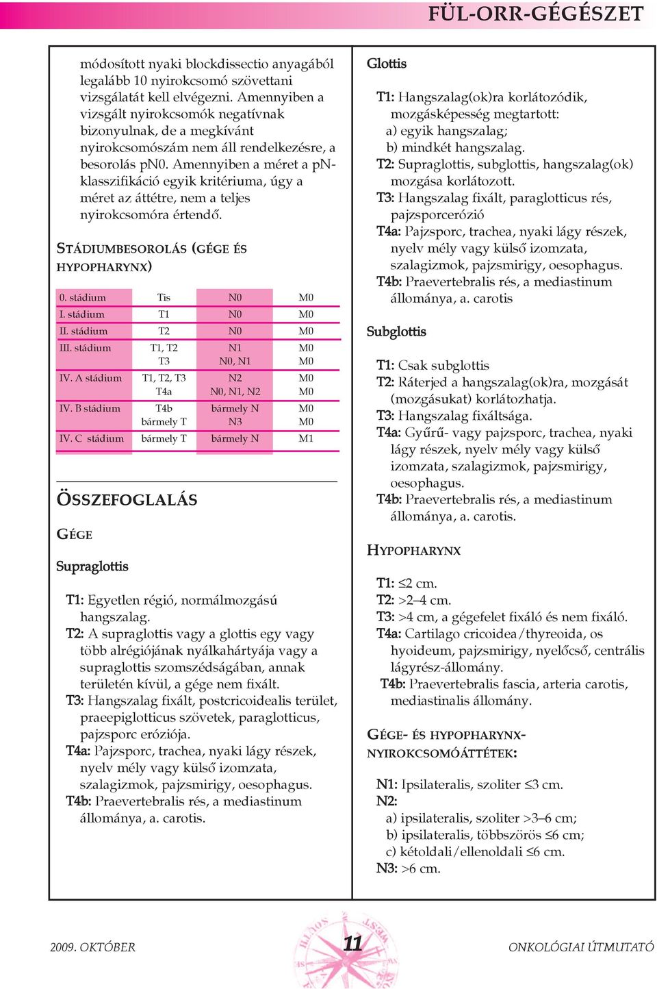 Amennyiben a méret a pnklasszifikáció egyik kritériuma, úgy a méret az áttétre, nem a teljes nyirokcsomóra értendõ. STÁDIUMBESOROLÁS (GÉGE ÉS HYPOPHARYNX) 0. stádium Tis N0 M0 I. stádium T1 N0 M0 II.