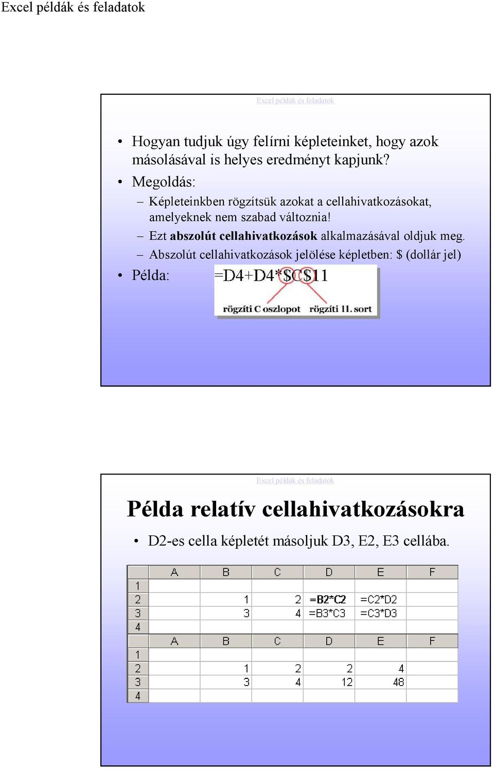 Ezt abszolút cellahivatkozások alkalmazásával oldjuk meg.