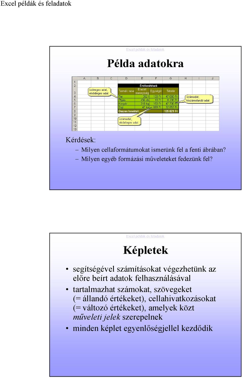 Képletek segítségével számításokat végezhetünk az elıre beírt adatok felhasználásával tartalmazhat