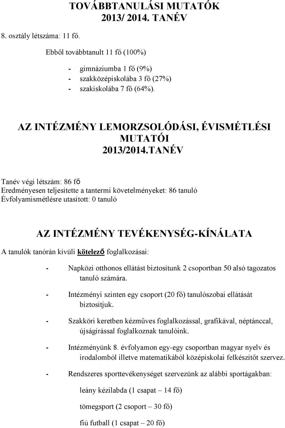 TANÉV Tanév végi létszám: 86 fő Eredményesen teljesítette a tantermi követelményeket: 86 tanuló Évfolyamismétlésre utasított: 0 tanuló AZ INTÉZMÉNY TEVÉKENYSÉG-KÍNÁLATA A tanulók tanórán kívüli