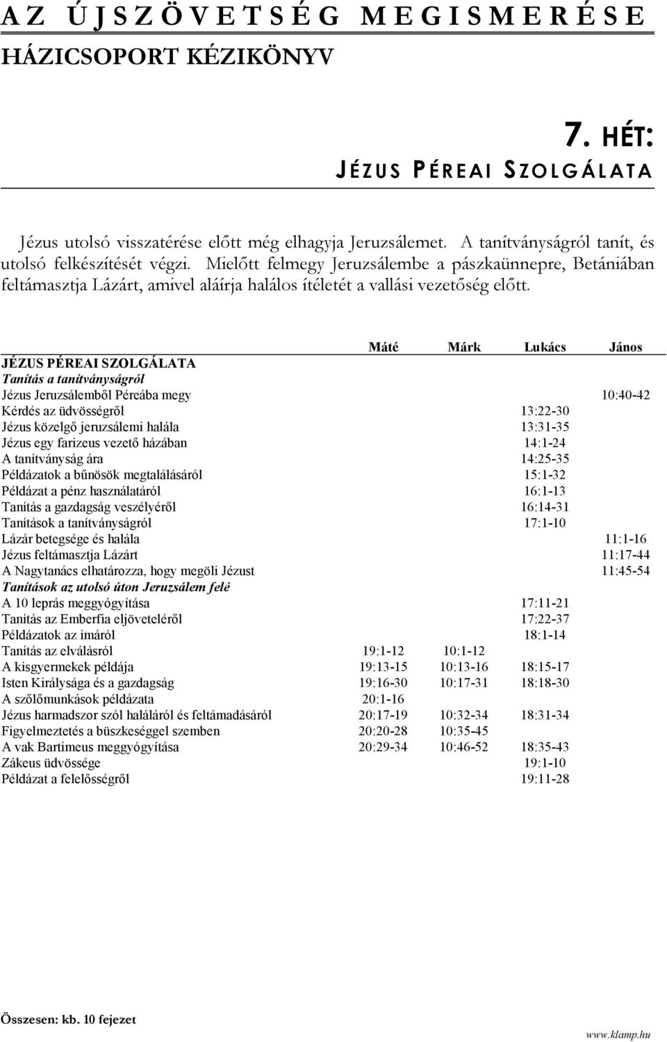 Máté Márk Lukács János JÉZUS PÉREAI SZOLGÁLATA Tanítás a tanítványságról Jézus Jeruzsálemből Péreába megy 10:40-42 Kérdés az üdvösségről 13:22-30 Jézus közelgő jeruzsálemi halála 13:31-35 Jézus egy