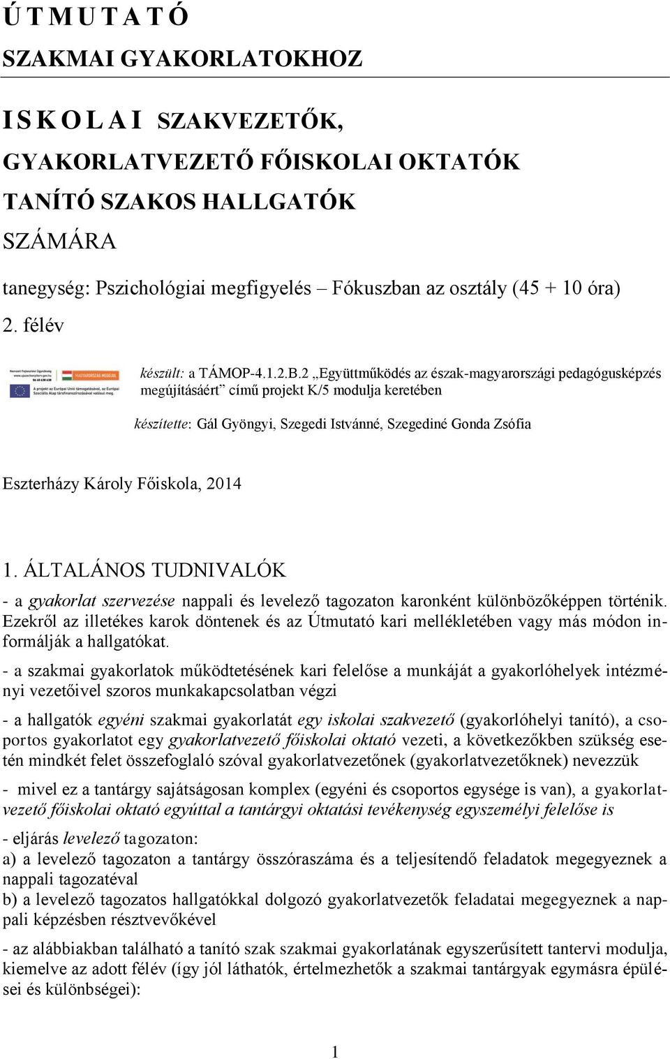 2 Együttműködés az észak-magyarországi pedagógusképzés megújításáért című projekt K/5 modulja keretében készítette: Gál Gyöngyi, Szegedi Istvánné, Szegediné Gonda Zsófia Eszterházy Károly Főiskola,