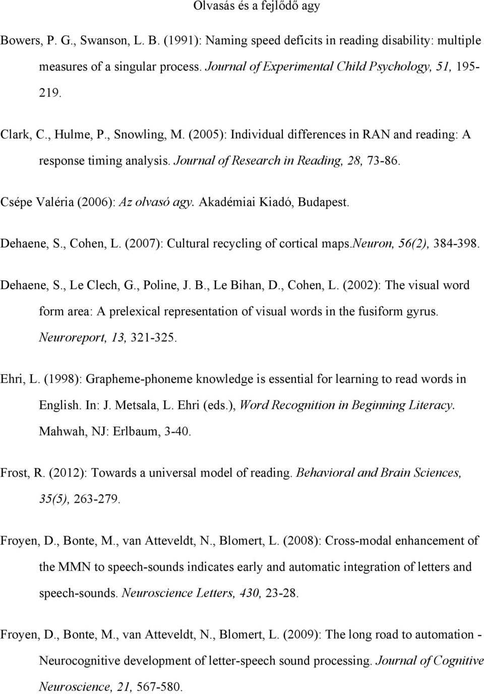 Dehaene, S., Cohen, L. (2007): Cultural recycling of cortical maps.neuron, 56(2), 384-398. Dehaene, S., Le Clech, G., Poline, J. B., Le Bihan, D., Cohen, L. (2002): The visual word form area: A prelexical representation of visual words in the fusiform gyrus.