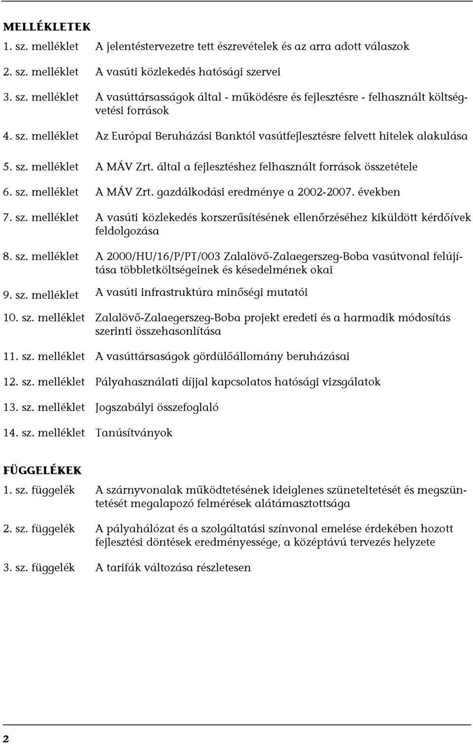 években 7. sz. melléklet A vasúti közlekedés korszerűsítésének ellenőrzéséhez kiküldött kérdőívek feldolgozása 8. sz. melléklet A 2000/HU/16/P/PT/003 Zalalövő-Zalaegerszeg-Boba vasútvonal felújítása többletköltségeinek és késedelmének okai 9.