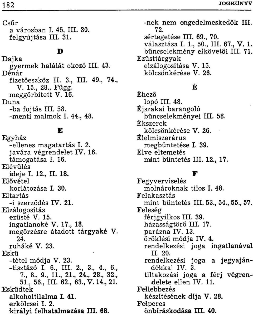 Elzálogosítás ezüsté V. 15. ingatlanoké V. 17., 18. megőrzésre átadott tárgyaké V. 24. ruháké V. 23. Eskü -tétel módja V. 23. -tisztázó I. 6., III. 2., 3., 4., 6., 7., 8., 9., 11., 21., 24., 28., 32.
