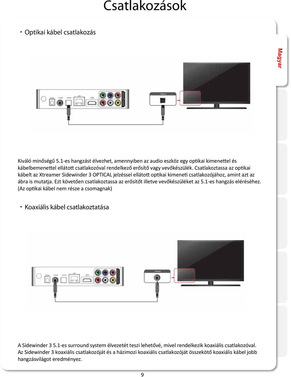 Csatlakoztassa az optikai kábelt az Xtreamer Sidewinder 3 OPTICAL jelzéssel ellátott optikai kimeneti csatlakozójához, amint azt az ábra is mutatja.