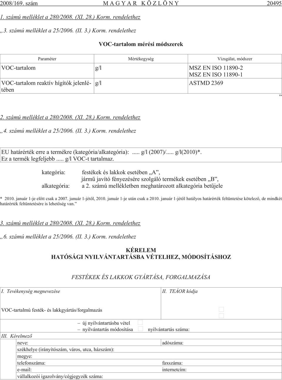 rendelethez VOC-tartalom mérési módszerek Paraméter Mértékegység Vizsgálat, módszer VOC-tartalom g/l MSZ EN ISO 11890-2 MSZ EN ISO 11890-1 VOC-tartalom reaktív hígítók jelenlétében g/l ASTMD 2369 2.