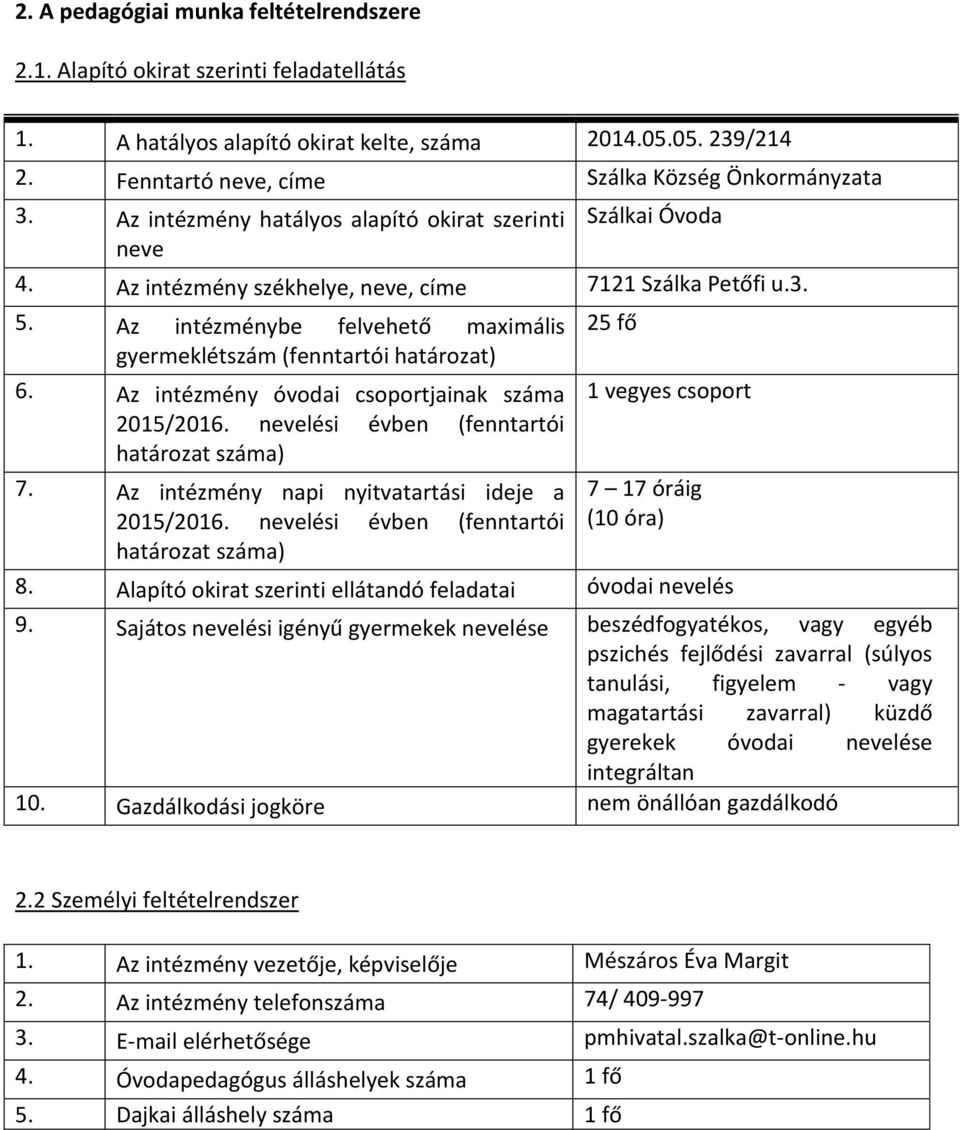 Az intézménybe felvehető maximális gyermeklétszám (fenntartói határozat) 6. Az intézmény óvodai csoportjainak száma 2015/2016. nevelési évben (fenntartói határozat száma) 7.