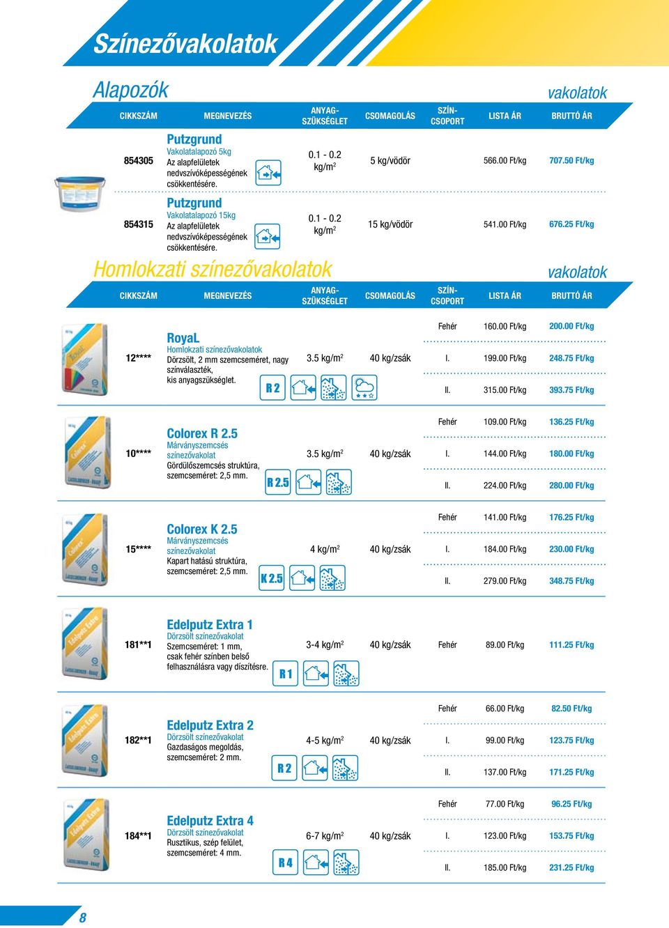 00 Ft/kg 707.50 Ft/kg 0.1-0.2 kg/m 2 15 kg/vödör 541.00 Ft/kg 676.