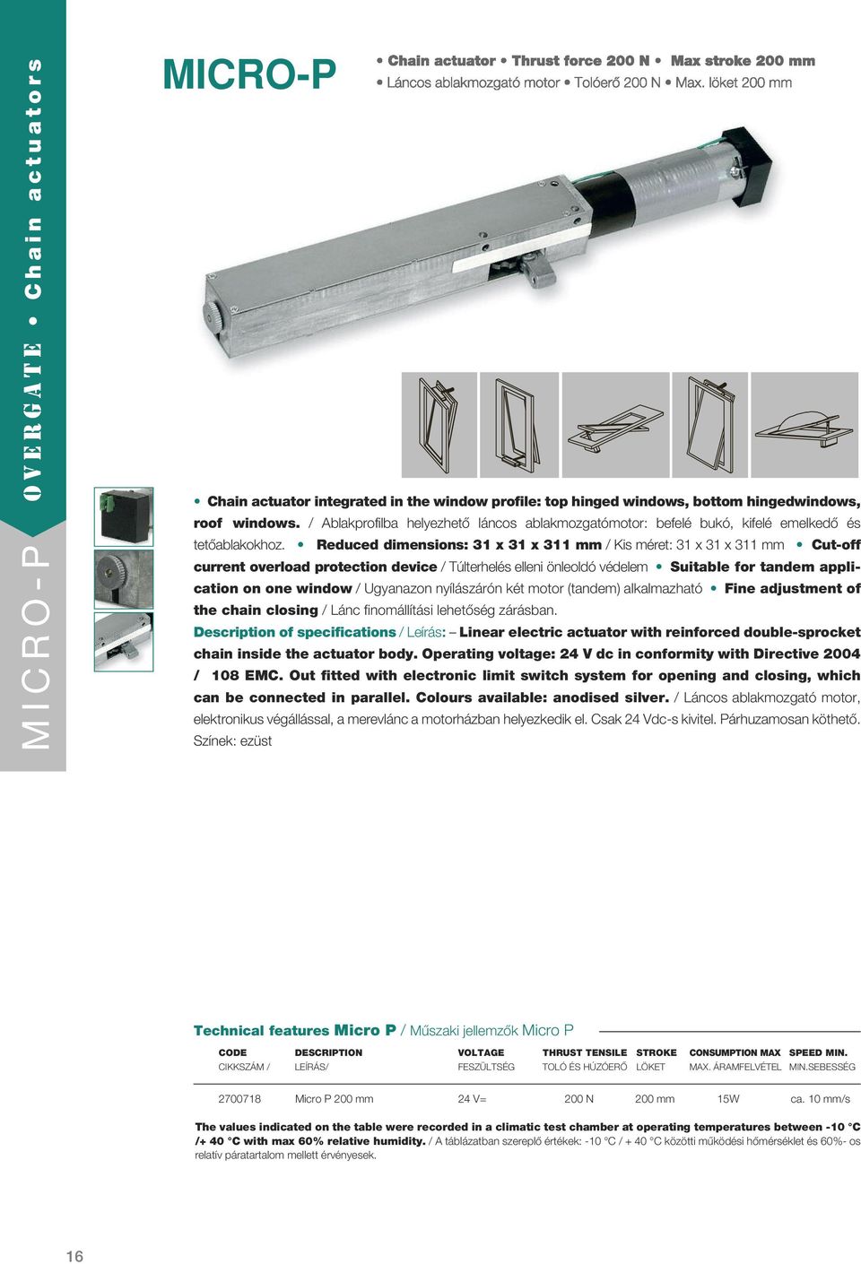 Reduced dimensions: 31 x 31 x 311 mm / Kis méret: 31 x 31 x 311 mm Cut-off current overload protection device / Túlterhelés elleni önleoldó védelem Suitable for tandem application on one window /