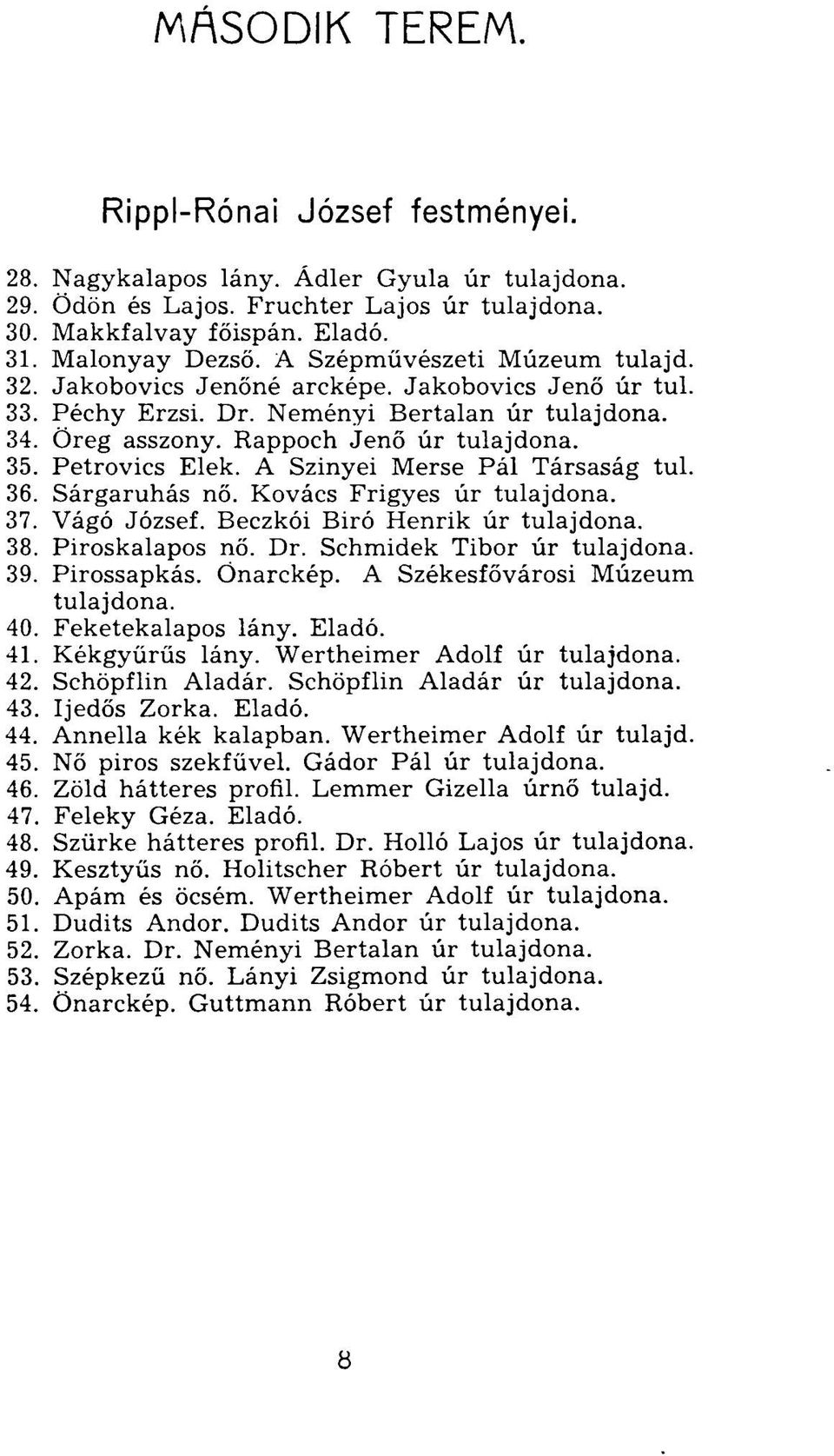 Petrovics Elek. A Szinyei Merse Pál Társaság tul. 36. Sárgaruhás nő. Kovács Frigyes úr tulajdona. 37. Vágó József. Beczkói Biró Henrik úr tulajdona. 38. Piroskalapos nő. Dr.