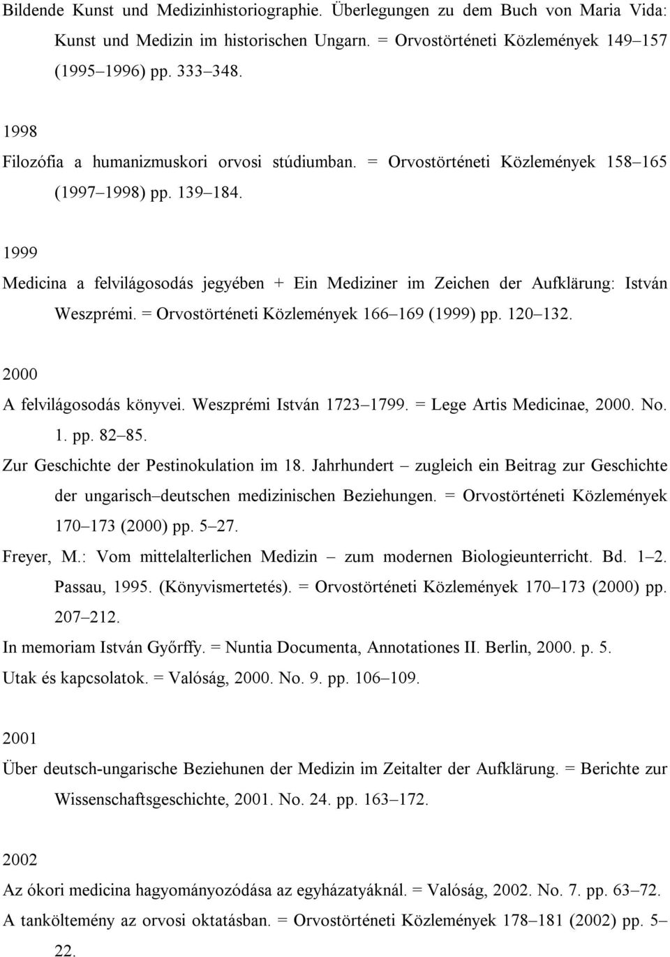 1999 Medicina a felvilágosodás jegyében + Ein Mediziner im Zeichen der Aufklärung: István Weszprémi. = Orvostörténeti Közlemények 166 169 (1999) pp. 120 132. 2000 A felvilágosodás könyvei.