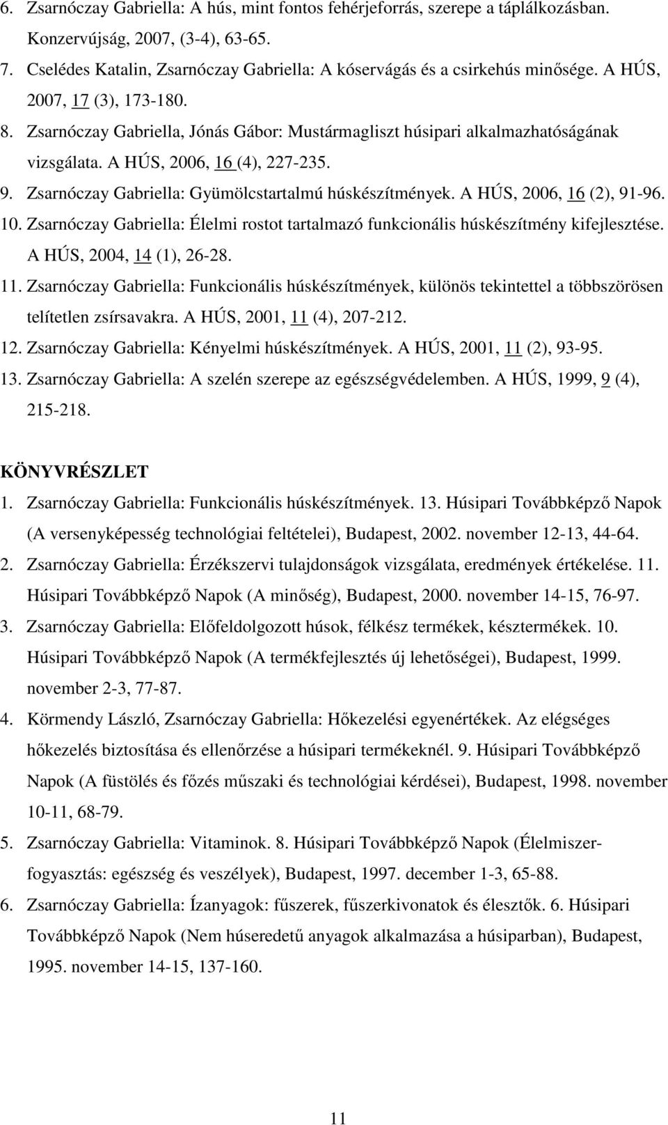 Zsarnóczay Gabriella: Gyümölcstartalmú húskészítmények. A HÚS, 2006, 16 (2), 91-96. 10. Zsarnóczay Gabriella: Élelmi rostot tartalmazó funkcionális húskészítmény kifejlesztése.