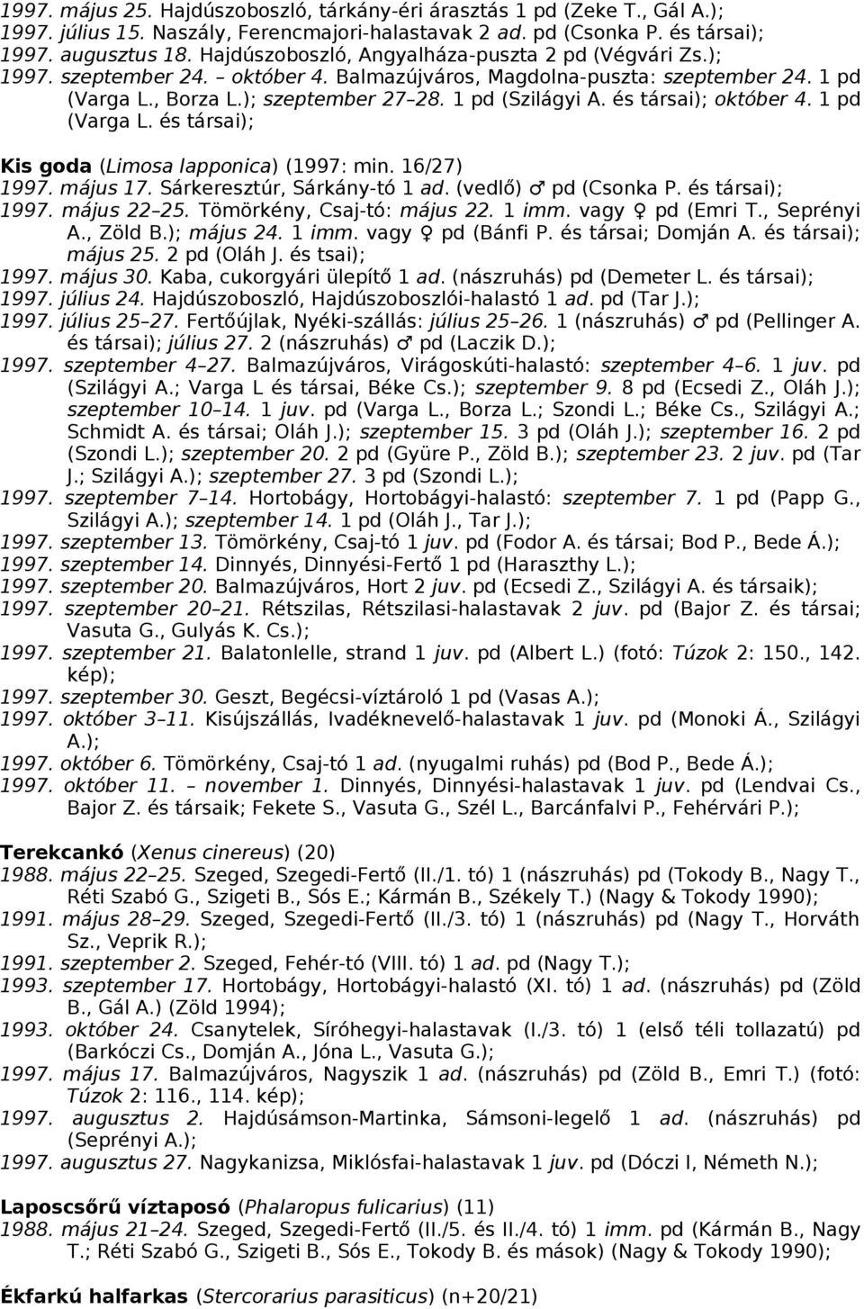 és társai); október 4. 1 pd (Varga L. és társai); Kis goda (Limosa lapponica) (1997: min. 16/27) 1997. május 17. Sárkeresztúr, Sárkány-tó 1 ad. (vedlő) pd (Csonka P. és társai); 1997. május 22 25.