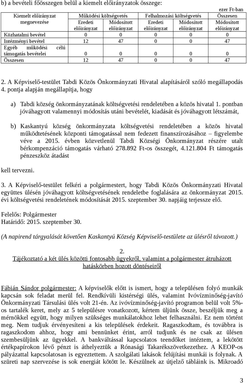 12 47 0 0 47 2. A Képviselő-testület Tabdi Közös Önkormányzati Hivatal alapításáról szóló megállapodás 4.