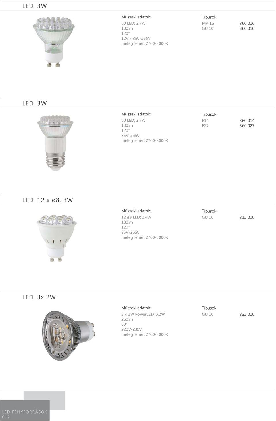 85V-265V meleg fehér; 2700-3000K E14 360 014 E27 360 027 LED, 12 x ø8, 3W 12 ø8 LED; 2.