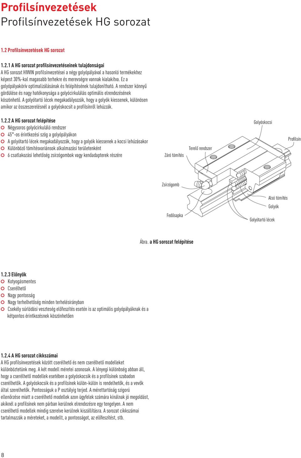 1 A HG sorozat profilsínvezetéseinek tulajdonságai A HG sorozat HIWIN profilsínvezetései a négy golyópályával a hasonló termékekhez képest 30%-kal magasabb terhekre és merevségre vannak kialakítva.