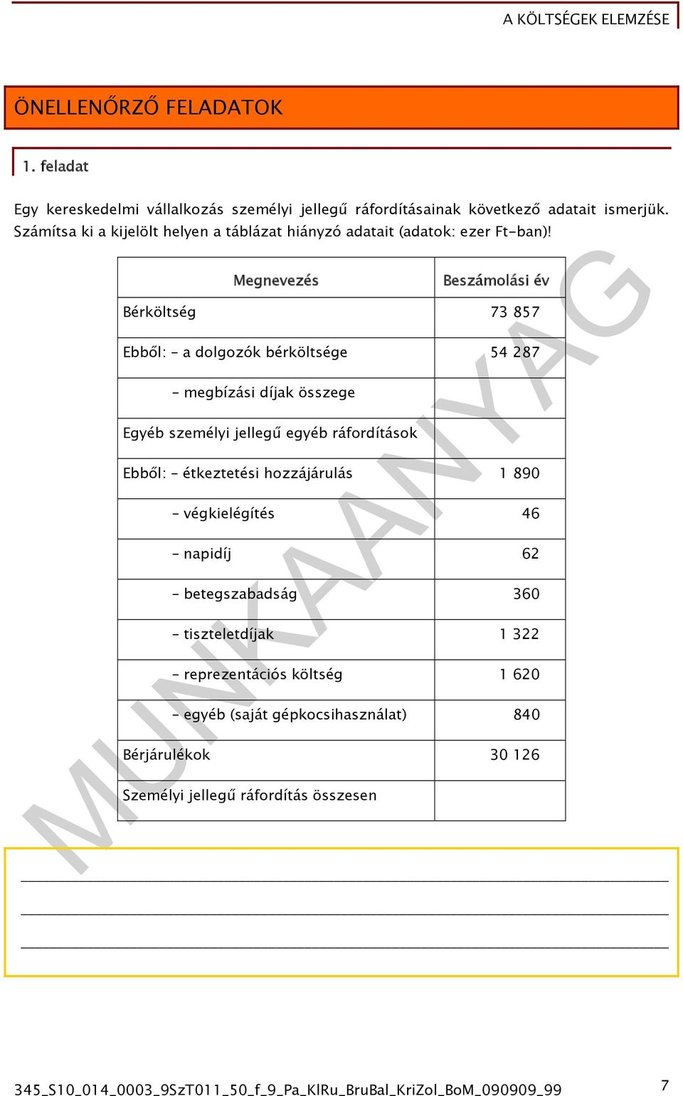 Megnevezés Beszámolási év Bérköltség 73 857 Ebből: dolgozók bérköltsége 54 287 megbízási díjk összege Egyéb személyi jellegű egyéb ráfordítások Ebből: