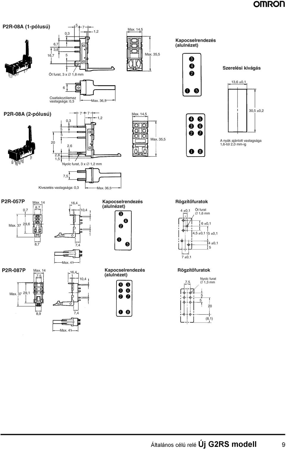 4, 30, ±0,2 20 2,6 Max. 3, A nyák ajánlott vastagsága,6-tól 2,0 mm-ig 2,8, Nyolc furat, 3 x,2 mm, Kivezetés vastagsága: 0,3 Max. 36, P2R-0P 0, Max.