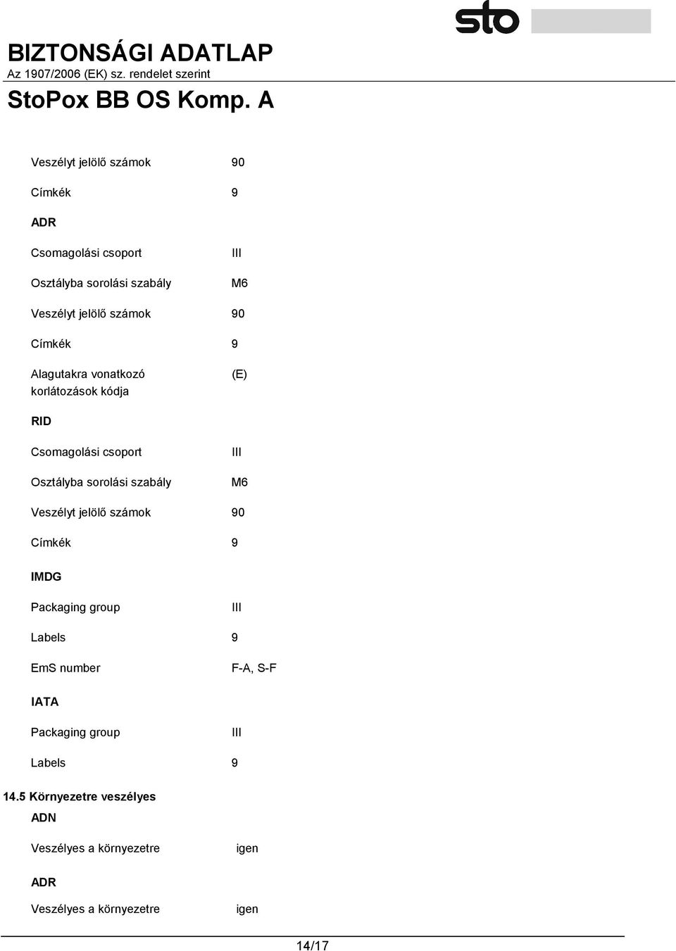 szabály III M6 Veszélyt jelölő számok 90 Címkék 9 IMDG Packaging group III Labels 9 EmS number F-A, S-F IATA