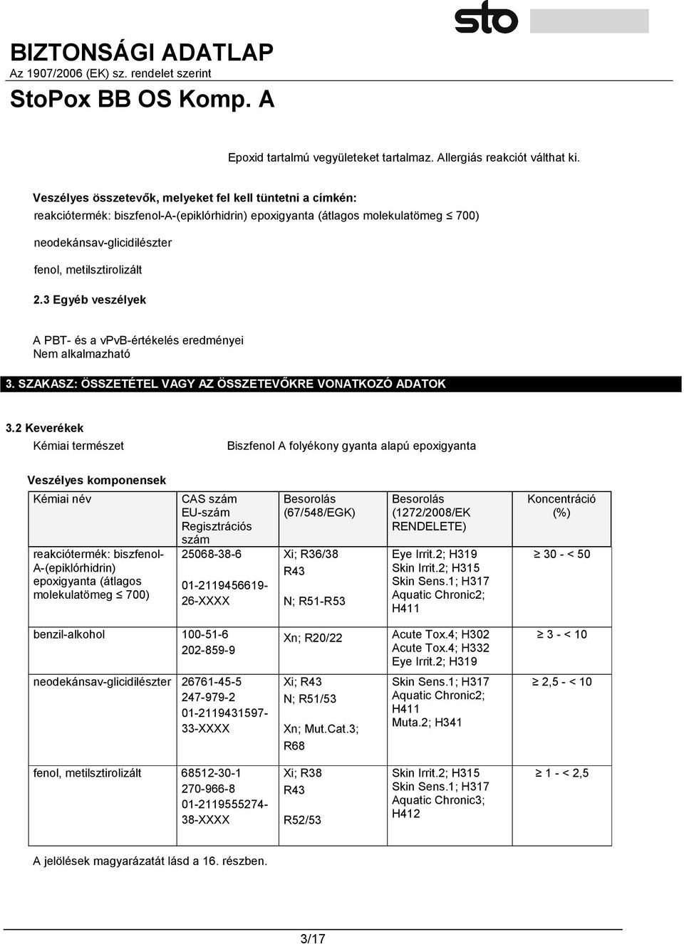 3 Egyéb veszélyek A PBT- és a vpvb-értékelés eredményei Nem alkalmazható 3. SZAKASZ: ÖSSZETÉTEL VAGY AZ ÖSSZETEVŐKRE VONATKOZÓ ADATOK 3.