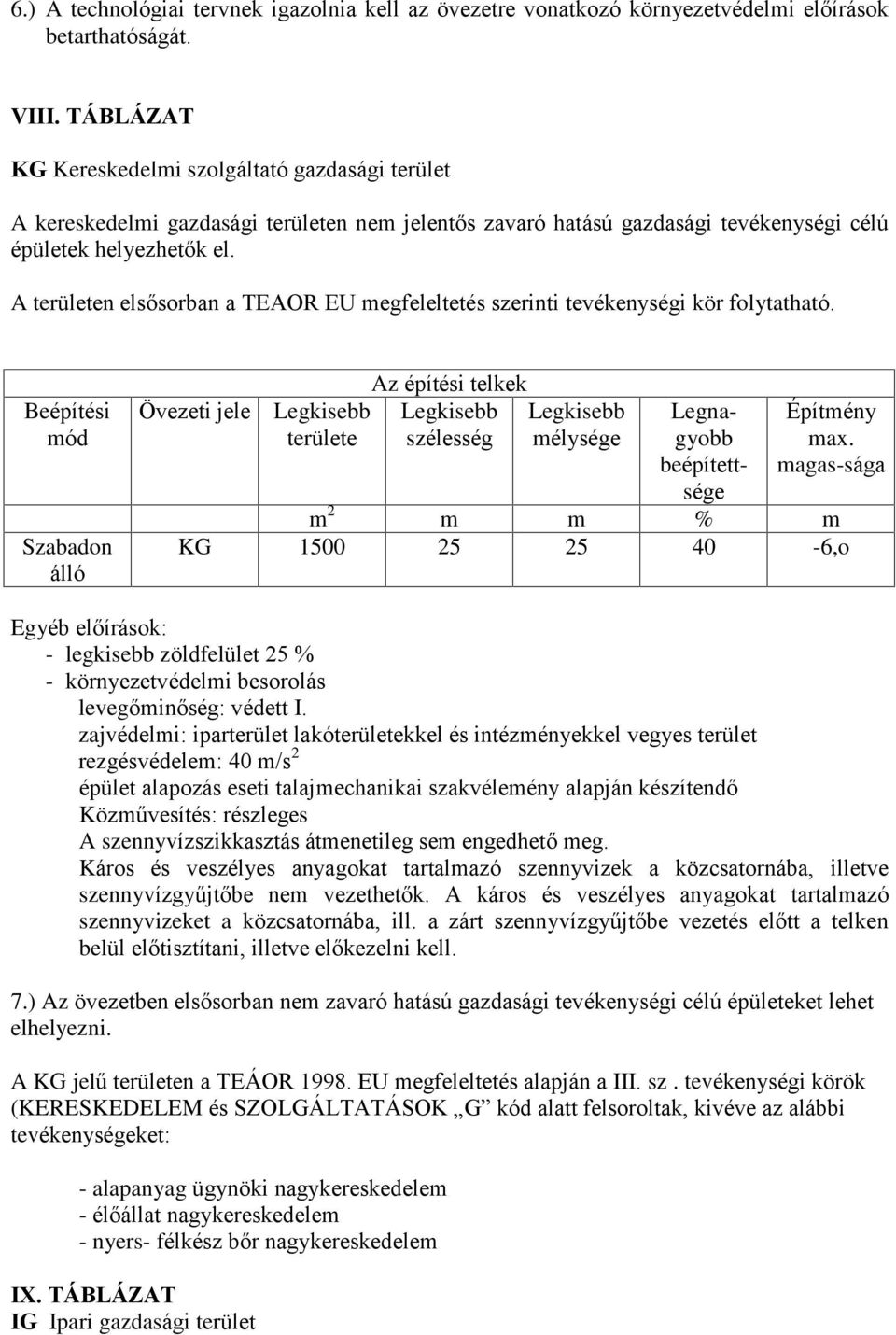 A területen elsõsorban a TEAOR EU megfeleltetés szerinti tevékenységi kör folytatható.