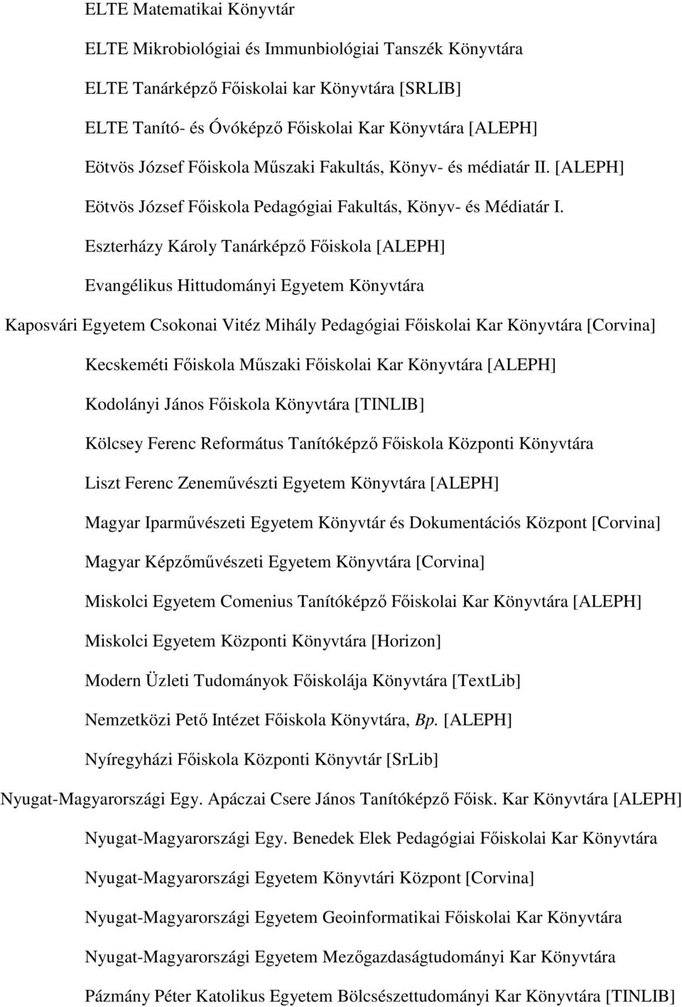 Eszterházy Károly Tanárképző Főiskola [ALEPH] Evangélikus Hittudományi Egyetem Könyvtára Kaposvári Egyetem Csokonai Vitéz Mihály Pedagógiai Főiskolai Kar Könyvtára [Corvina] Kecskeméti Főiskola