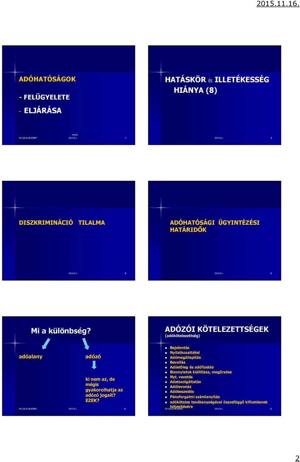 ADÓZÓI KÖTELEZETTSÉGEK (adókötelezettség) adóalany adózó ki nem az, de mégis gyakorolhatja az adózó jogait? EZEK? DR SZALAI ERZSÉBET 2015