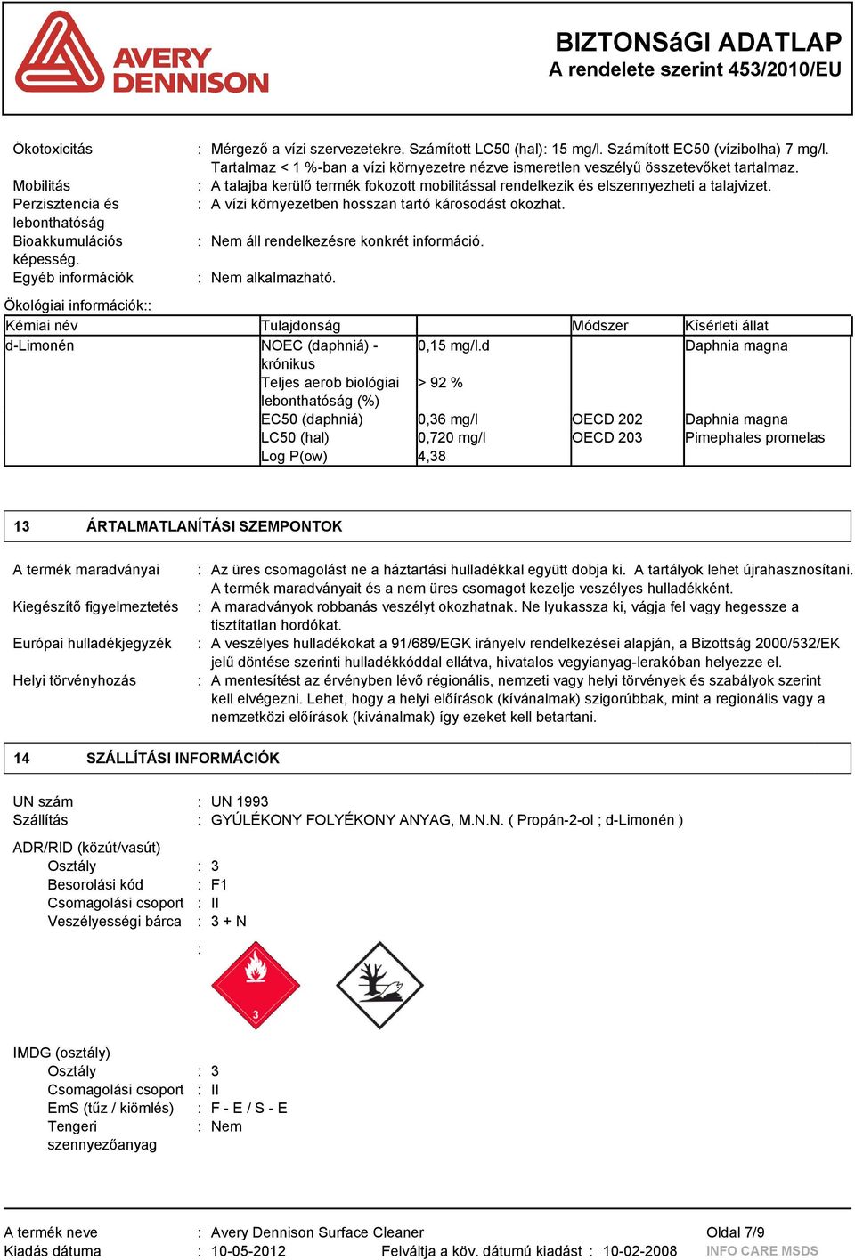 : A vízi környezetben hosszan tartó károsodást okozhat. : Nem áll rendelkezésre konkrét információ. : Nem alkalmazható.