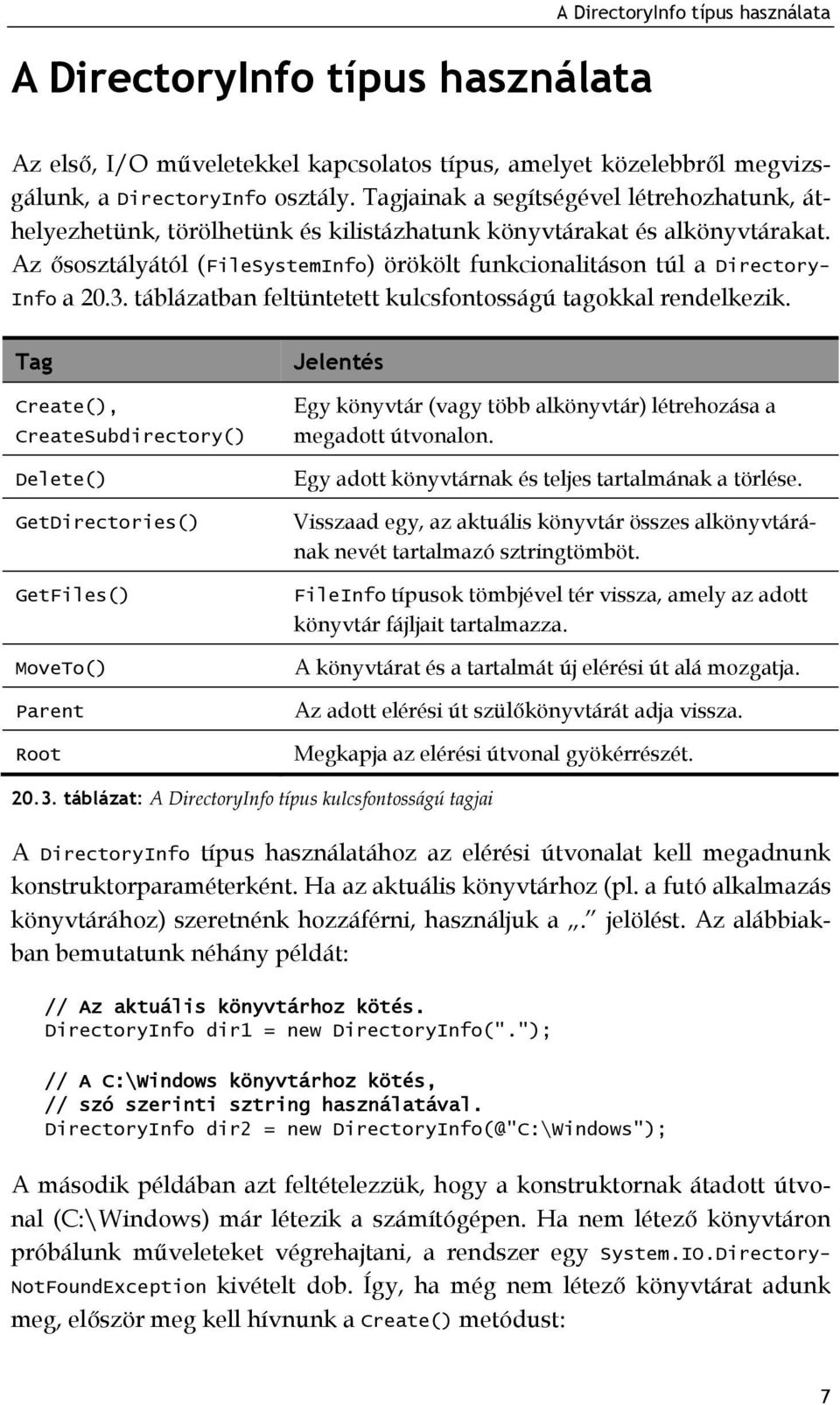 Az ősosztályától (FileSystemInfo) örökölt funkcionalitáson túl a Directory- Info a 20.3. táblázatban feltüntetett kulcsfontosságú tagokkal rendelkezik.