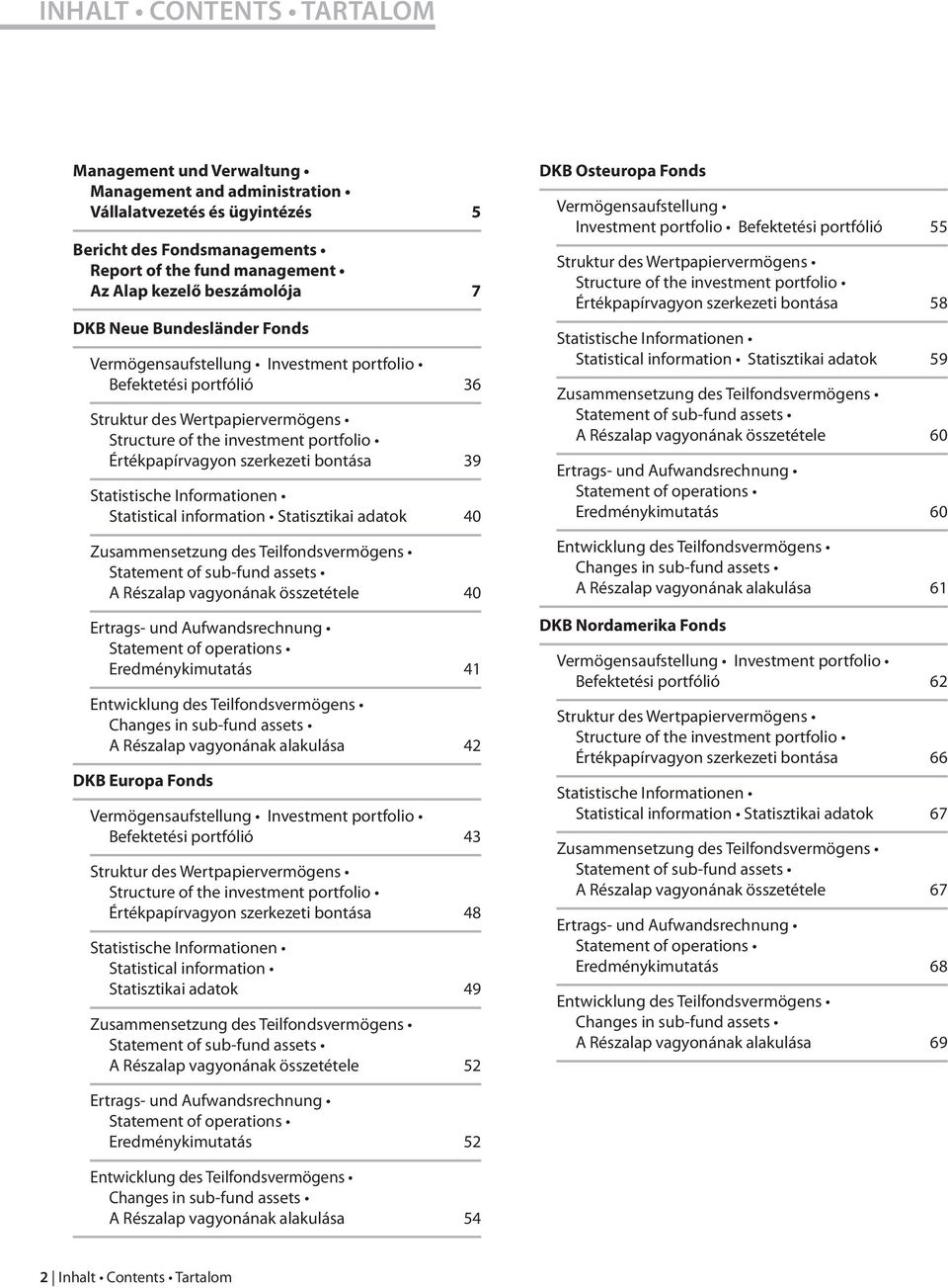 bontása 39 Statistische Informationen Statistical information Statisztikai adatok 40 Zusammensetzung des Teilfondsvermögens Statement of sub-fund assets A Részalap vagyonának összetétele 40 Ertrags-