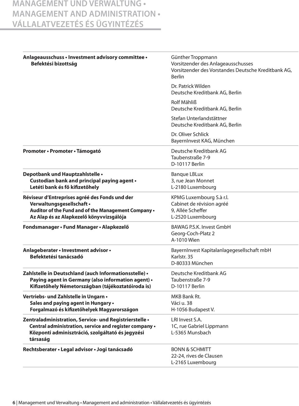 Management Company Az Alap és az Alapkezelő könyvvizsgálója Fondsmanager Fund Manager Alapkezelő Anlageberater Investment advisor Befektetési tanácsadó Zahlstelle in Deutschland (auch