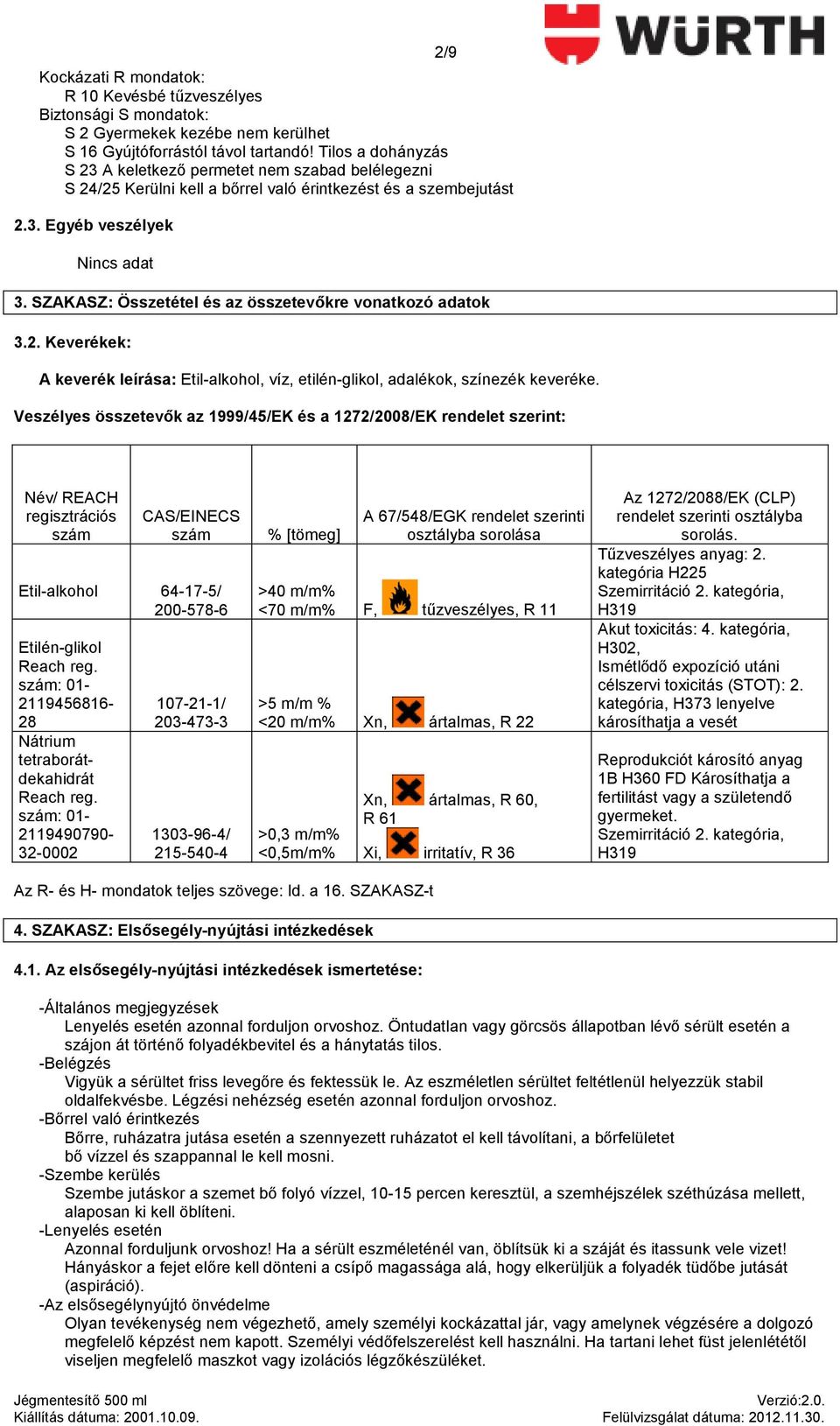 SZAKASZ: Összetétel és az összetevıkre vonatkozó adatok 3.2. Keverékek: A keverék leírása: Etil-alkohol, víz, etilén-glikol, adalékok, színezék keveréke.