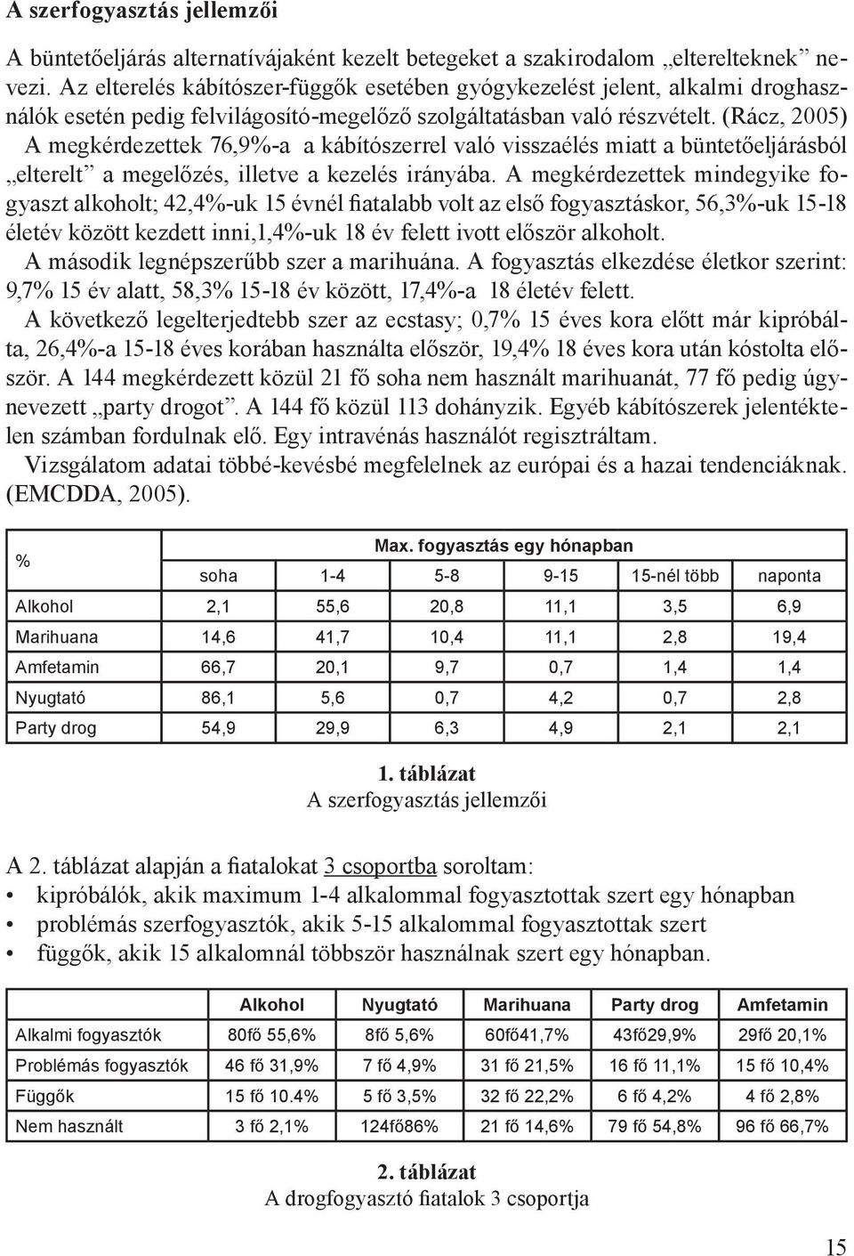 (Rácz, 2005) A megkérdezettek 76,9%-a a kábítószerrel való visszaélés miatt a büntetőeljárásból elterelt a megelőzés, illetve a kezelés irányába.